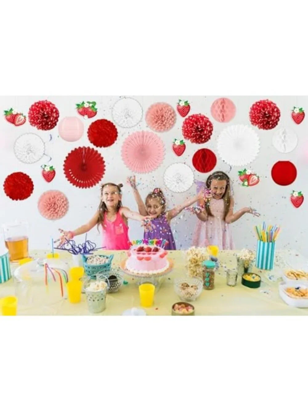 26pcs Strawberry Birthday Party Decor - Red Pink White Fans & Tissue Pom Poms